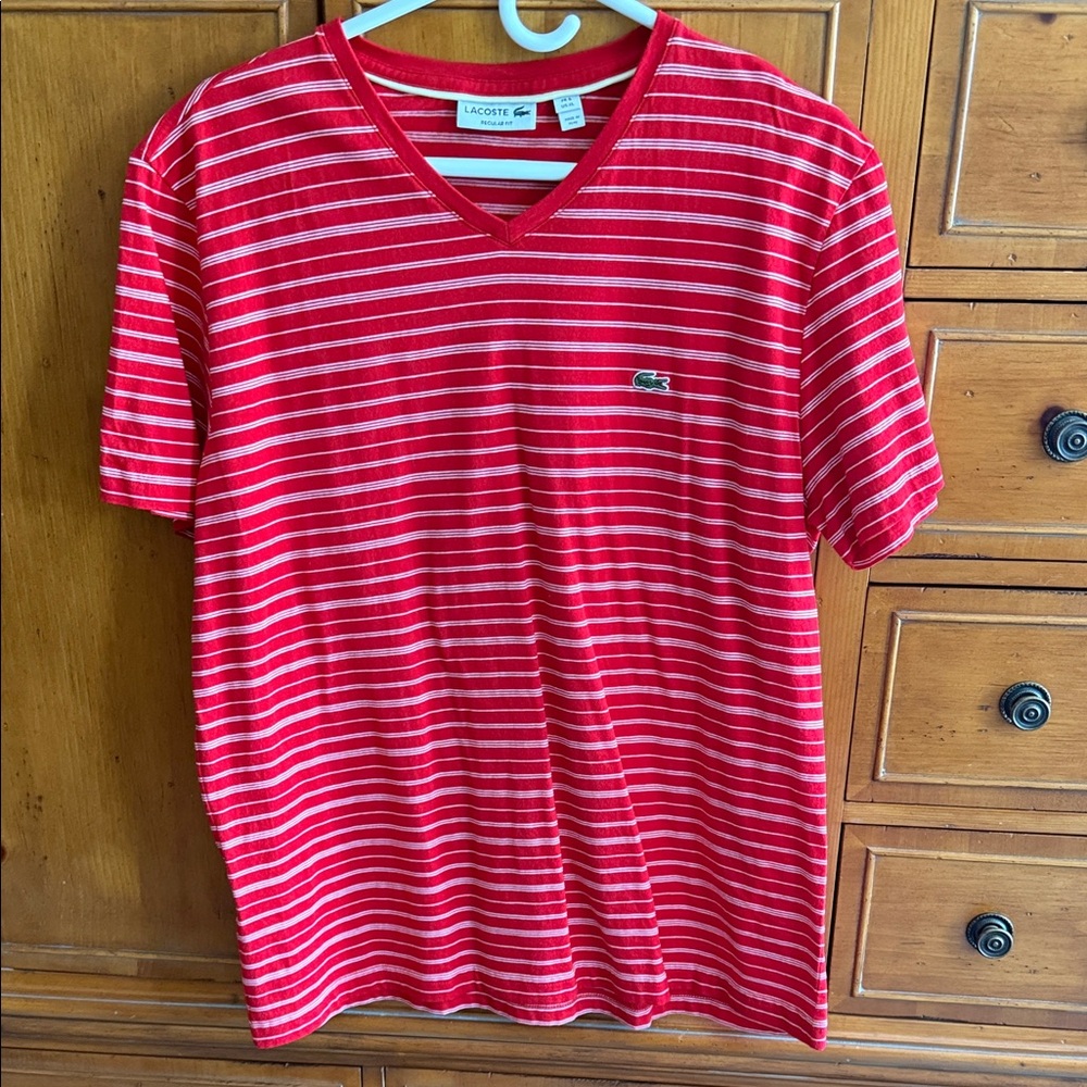 Men’s Lacoste Red and White Striped V-Neck Tee 6/XL